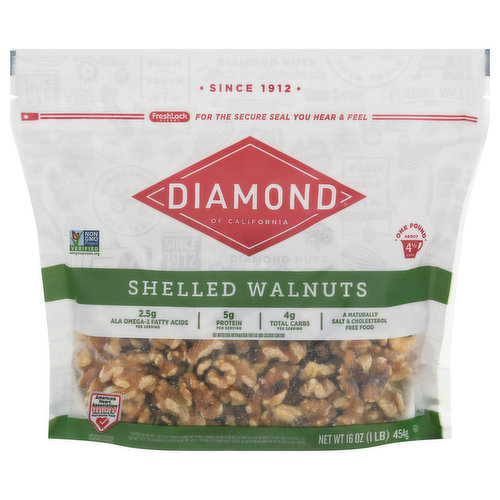 Since 1912. One Pound about 4-1/2 cups. Diamond Nuts are made for homemade. Since 1912 when we were started by a group of California walnut farmers. Diamond of California was on a mission to bring the bounty from California's walnut farms to America's tables. From the beginning, we sought out the very best with the knowledge that Diamond nuts would be used in treasured and new family recipes. Farm to table flavor. Our Farmers: In bags of Diamond walnuts, some walnuts might be from the harvest at the Hester farm. Husband and wife Gary and Anne Hester continue the four generation family tradition, growing walnuts for Diamond on the family farm in Visalia, California. Hester family, we're glad that you have been with us for all of these years.