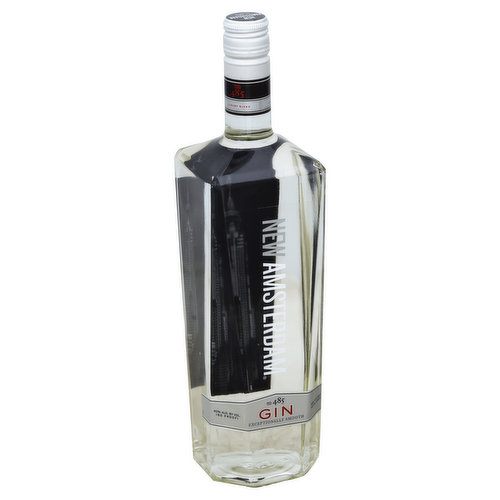 No. 485. Exceptionally smooth. 100% pure grain neutral spirits. A modern, American gin. Refreshingly balanced with citrus, subtle hints of juniper, and sophisticated notes of Angelica. It's smooth enough to drink straight. Distinctive enough to enhance any cocktail. Welcome to New Amsterdam. Contact us: 1-877-879-2446. NewAmsterdamSpirits.com. 40% alc. by vol (80 proof). Produced and bottled for New Amsterdam Spirits Company, Modesto, CA.