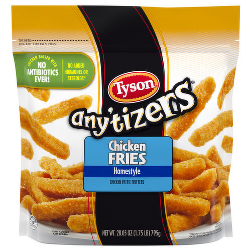 Take snack time to the next level with Tyson Any'tizers Homestyle Chicken Fries. Made with all white meat chicken and seasoned with savory spices, these breaded chicken fries are an ideal shape for dunking into your favorite sauce. Ready to heat and eat Homestyle Chicken Fries are made with chicken raised with no antibiotics for delicious party snacks and appetizers that please the whole crowd.