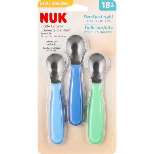 New. Sized just right. For toddlers. Includes 3 forks: Ideal size and shape for toddlers - easy to use and hold. Handle designed to keep tip off table and away from germs. Easy to use and hold. Dishwasher safe. nuk.com. nuk-canada.ca. how2recycle.info. BPA free. Made in China.