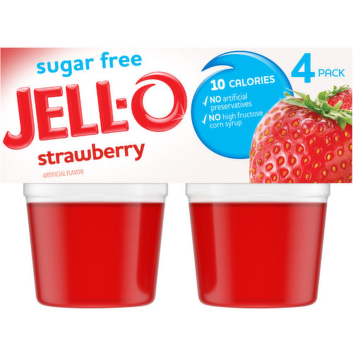 JELL-O Sugar Free Strawberry Gelatin Cups deliver the great taste of JELL-O Gelatin in a low-calorie choice. Our delicious on the go gelatin comes in individual snack cups, perfect for putting into a lunchbox or snacking at home. All jiggly JELL-O Cups make a scrumptious snack for kids and adults. The fruity strawberry gelatin is fat free and sugar free, with 10 calories per serving. Every strawberry gelatin cup is made without artificial preservatives or high fructose corn syrup and is great for those keeping Kosher. Each 12.5-ounce sleeve contains four JELL-O Strawberry Gelatin cups for quick and easy snacking.