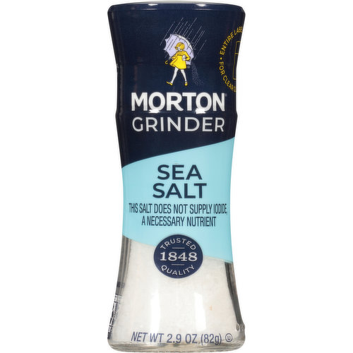 1848 trusted quality. This salt does not supply iodide, a necessary nutrient. Entire label removes. For clear glass bottle. Morton Grinders are uniquely designed to blend with any kitchen decor. www.mortonsalt.com. how2recycle.info. Questions? Call 1-800-789-salt (7258). Product of Bahamas.