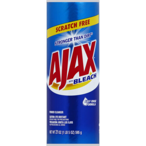 Scratch free. Stronger than dirt. Easy rinse formula. The Ajax Promise: Why pay more? Powerful cleaning. Great value. Satisfaction guaranteed or your money back. Save Water: www.colgate.com/savewater. www.ajax.com. Contains no phosphates. Canister 100% recycled paperboard (80% post-consumer). Top and bottom lids 50% post-consumer recycled aluminum.