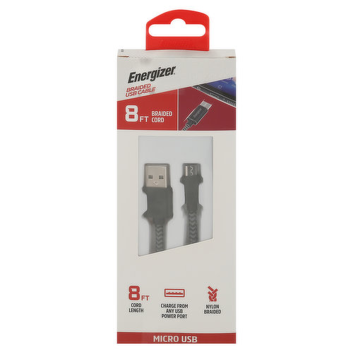 Energizer USB Cable, Micro USB, Braided Cord, 8 FT