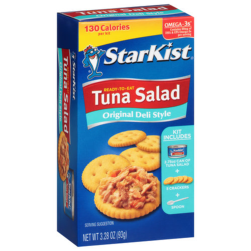 Ready-to-eat. Kit Includes: 2.75 oz can of tuna salad + 5 crackers + spoon. Dolphin safe. Contains 69 mg of DHA % EPA Omega-3s per serving.