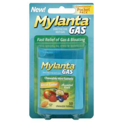Mylanta Gas Anti-Gas, Chewable Mini-Tablets, Assorted Fruit, Convenient Pocket Pack