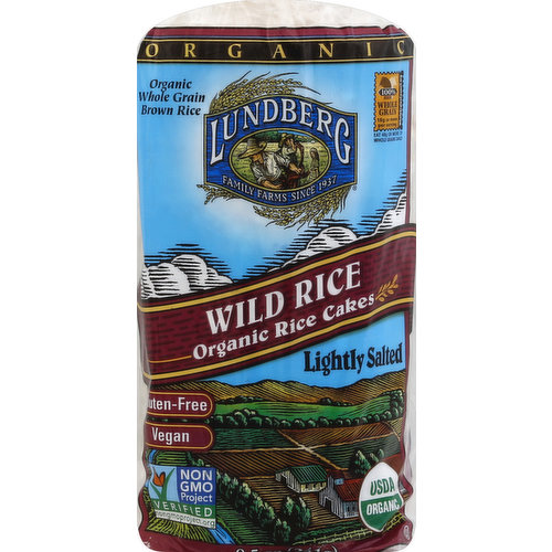 Organic whole grain brown rice. 100% Whole Grain: 18 g or more per serving. Eat 48 g or more of whole grains daily. WholeGrainsCouncil.org. Family Farms since 1937. Gluten-free. Vegan. Non GMO Project verified. nongmoproject.org. USDA organic. Lundberg Rice Cakes: Delicious, nutritious, whole grain goodness! Our rice cakes are made from our own freshly milled brown rice to ensure freshness, great taste and whole grain goodness. With nearly twice-as-much rice as other brands, our cakes are packed with twice the flavor, value and nutrition. Lundberg Family Farms Rice Cakes are gluten-free and made from the natural goodness of brown rice. Truly exceptional taste and a healthy snack for the whole family! Growing Great Rice for Generations: Since 1937, the Lundberg family has been dedicated to caring for the land responsibly and sustainably. Our organic faming methods produce healthful, delicious rice while respecting and protecting the earth for future generations. Today, the spirit of environmental stewardship at Lundberg Family Farms continues to grow with every grain of rice. Our Family Products: Lundberg Family Farms makes a variety of fine rice products. Enjoy! Eldon, Wendell, Harlan and Homer Lundberg, Founders of Lundberg Family Farms. 100% of the electricity used to manufacture this product is offset with renewable energy. Made in a gluten-free facility. Visit us on the farm at www.lundberg.com. Certified organic by California Certified Organic Farmers (CCOF). Lundberg Family Farms care about the environment. Please recycle.