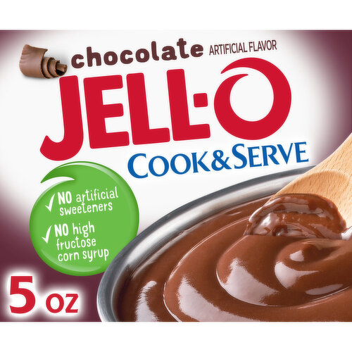 Something sweet to smile about, Jello Chocolate Cook & Serve Pudding Mix tastes delicious whether you enjoy it as a treat or use it as an ingredient in your favorite dessert recipes. Fun to make with your kids and perfect for any occasion that requires a quick dessert, our chocolate pudding mix delivers a rich flavor and creamy texture in every bite. You'll feel good sharing our cook and serve chocolate pudding mix that has no high fructose corn syrup or artificial sweeteners. Enjoy our tasty chocolate dessert on its own, or try using it as a rich, delicious French silk pie filling. The next time you’re craving a mouthwatering dessert, simply stir our chocolate pudding mix with milk and microwave for eight minutes. Whether you serve it hot or cold, the entire family will appreciate how quickly you can prepare a delicious chocolate flavored dessert. Every 5-ounce box of Jello chocolate pudding mix comes individually packaged in a sealed pouch for freshness.