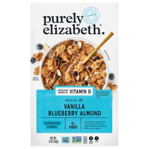Purely Elizabeth’s Vanilla Blueberry Almond Superfood Cereal with Vitamin D is made with dried blueberries, sliced almonds and a hint of vanilla. Our gluten-free cereal recipe has flakes made of crispy oats and ancient grains, combined with superfood granola clusters for a crunchy texture, and delicious salty-sweet taste. Enjoy Purely Elizabeth cereal with milk, fresh fruit, or yogurt, for breakfast, snack or dessert.