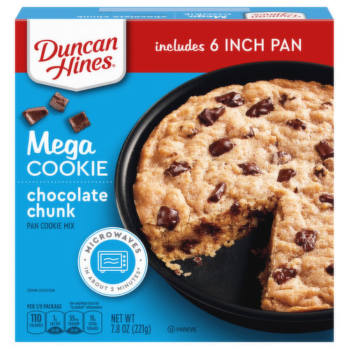 Per 1/9 Package: 110 calories; 1 g sat fat (5% DV); 55 mg sodium (2% DV); 11 g total sugars. See nutrition facts for as baked information. Includes 6 inch pan. Why just take a chip off the ol' block when you can - take a chunk? duncanhines.com. how2recycle.info. SmartLabel: Scan for more food information. Questions or comments, visit us at www.duncanhines.com or call Mon. - Fri., 1-800-362-9834 (except national holidays). Please have entire package available when you call so we may gather information off the label. For more delicious inspiration, go to duncanhines.com. USA