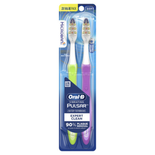 Oral-B Pulsar Vibrating Pulsar Battery Toothbrush with Microban, Plaque Remover for Teeth, Soft, 2 Count