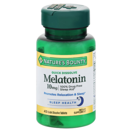 Promotes relaxation & sleep. Sleep health. Nearly 50 years of trusted quality. At nature's Bounty, we are committed to your health. For nearly 50 years we have been making trusted products, backed by science, and made with only the purest ingredients. guaranteed. So you can get the most out of life every day. Clinically studied ingredient. Laboratory tested. Nature's Bounty quick dissolve melatonin helps you fall asleep faster so you can awaken refreshed and revitalized. Melatonin is an excellent choice for people experiencing occasional sleeplessness.