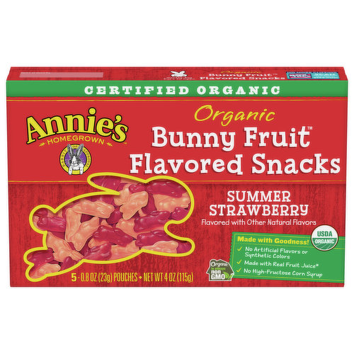 Annie's Organic Summer Strawberry Bunny Fruit-Flavored Snacks are equal parts adorable and delicious! Each fruit gummy packs bold strawberry flavor into cute bunny shapes that kids love. A pouch of these vegan and gluten-free fruit snacks turns snack time into bunny fun. The best part? These gummies are made with certified organic ingredients for ultimate wholesome yumminess. Plus, they are made with real fruit juice.* Everybunny in your family can enjoy the fruity flavors of Annie's tasty fruit-flavored snacks.
*These fruit snacks are made with organic pear juice concentrate. See nutrition panel for a complete list of ingredients. They are not intended to replace fruit or vegetables in the diet.
Annie's makes products in over 20 family-friendly categories — from fruit-flavored snacks and cereal to mac & cheese. We want to make a healthier and happier world by spreading goodness through nourishing, tasty foods and kindness to the planet.