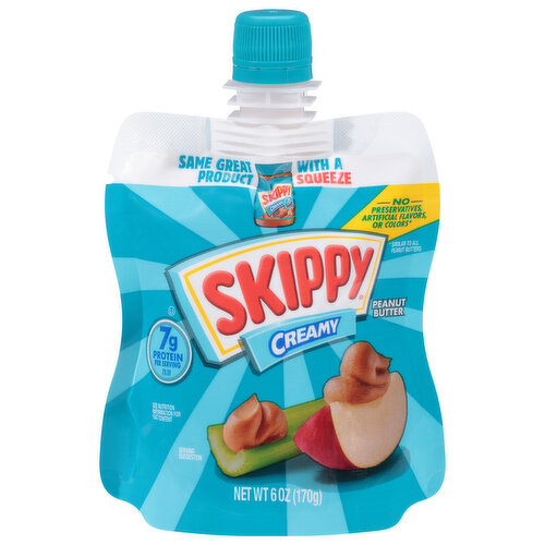 No preservatives, artificial flavors, or colors (similar to all peanut butters). 7 g protein per serving (7% DV). Gluten free. See nutrition information for fat content. Good source of vitamin E. Same great product with a squeeze. www.peanutbutter.com. Skippy Foods 1-866-475-4779. For more uses visit: www.peanutbutter.com.