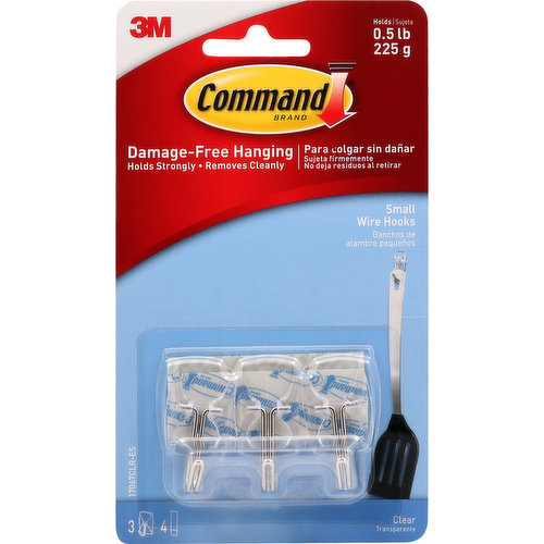 Holds 0.5 lb (225 g). Damage-free hanging. Holds strongly. Removes cleanly. Hooks can be reused with Command Clear Small Refill Strips. command.com. Save instructions or visit command.com. Hooks made in China. Strips made in USA.