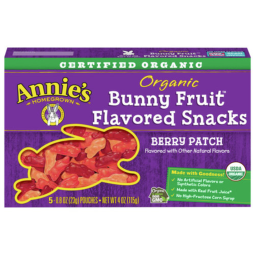 Annie's Organic Berry Patch Bunny Fruit-Flavored Snacks are equal parts adorable and delicious! Each fruit-flavored snack packs bold strawberry, cherry and raspberry flavors into cute, bunny-shaped gummies. These vegan and gluten-free fruit snacks turn snack time into bunny fun. The best part? These gummies are made with certified organic ingredients for ultimate wholesome yumminess. Plus, they are made with real fruit juice.* Everybunny in your family can enjoy the fruity flavors of Annie's tasty fruit-flavored snacks.
*These fruit snacks are made with organic pear juice concentrate. See nutrition panel for a complete list of ingredients. They are not intended to replace fruit or vegetables in the diet.
Annie's makes products in over 20 family-friendly categories — from fruit-flavored snacks and cereal to mac & cheese. For busy bunnies and families on the go, we help make life a little easier and more delicious by sweetening-up packed lunches or by adding to a savory, yummy dinner. Annie’s is devoted to spreading goodness through nourishing, tasty foods and kindness to the planet.