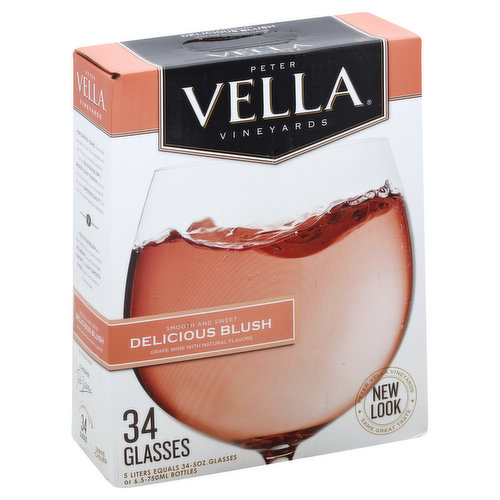Grape wine with natural flavors. Smooth and sweet. 34 glasses. 5 liters equals 34 - 5 oz glasses or 6.5 - 750 ml bottles. New look. Same great taste. For over 50 years I have made every glass of Peter Vella as enjoyable as the last. Through my winemaking expertise, I craft my delicious blush in smooth, easy-to-drink style that offers an exceptional value. I stand behind this product's superior quality and know that its taste will exceed your expectations. Our delicious blush has a lighter body with enticing flavors of fresh red berry jam and hints of bright cherry. The light, smooth finish makes it a real winner on hot summer days. Welcome to Peter Vella Vineyards, where we place quality and taste above all else. As a third generation winemaker, the California wine country has always been a part of my life. My father and grandfather worked hard to perfect the art of winemaking and I've been proud to carry on their tradition for more than 50 years. I am committed to bringing you the best quality products, created in a smooth, approachable style, at an affordable everyday price. From my family to yours, please enjoy! Cheers! Peter Vella. From my family to yours, quality & expertise. Please visit us at www.PeterVella.com or give us a call toll-free at 866-Pvella-1. Elderberry extract added. Alc. 9% by vol. Vinted & packed by Peter Vella Wines, Modesto, CA.