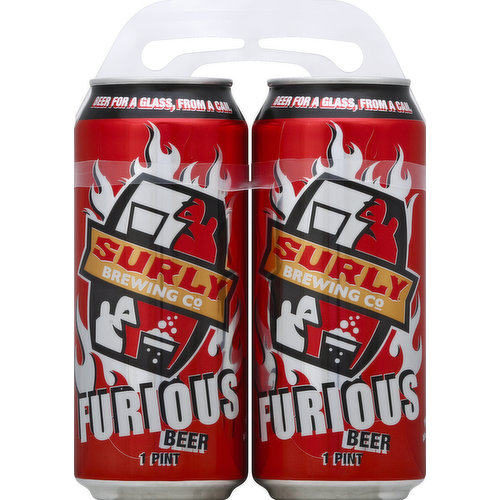 Beer for a class, from a can. Fresh beer, keep it cool! Get surly! A tempest on the tongue, or a moment of pure hop bliss? Brewed with a dazzling blend of American hops and Scottish malt, this crimson-hued ale delivers waves of citrus, pine and caramel-toffee. For those who favor flavor, Furious has the hop-fire your taste buds have been screaming for. www.surlybrewing.com. Brewed and canned by Surly Brewing Company. Alc. 6.6% by vol.