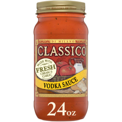 Deliver authentic Italian flavor to your family’s favorite recipes with Classico Vodka Sauce Pasta Sauce. Our ready-to-use sauce is easy to prepare and offers a rich, flavorful taste. Our sauce combines tomatoes, cream, parmesan cheese and a hint of vodka for a unique flavor. Simply simmer and serve our creamy sauce with your favorite pasta for a delicious meal. Use our gluten-free red sauce on your penne alla vodka or chicken parmesan. Be sure to refrigerate our 24-ounce jar of sauce after opening. Classico has a flavor for everyone in your family, from Vodka Sauce Pasta Sauce to Tomato & Basil Pasta Sauce.
