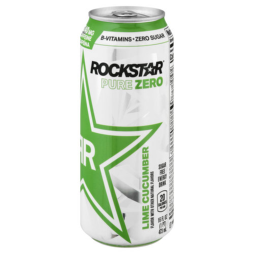 Flavor with other natural flavors. 240 mg caffeine. 20 calories per can. Caffeine Content: 240 mg/16 fl oz. Zero sugar. Sugar free energy drink. B-Vitamins. Taurine. rockstarenergy.com. Instagram. rockstarenergy. We're here to help. 800.433.2652. Please recycle.