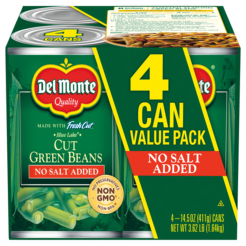 Del Monte Green Beans, Cut, No Salt Added, Value Pack, 4 Pack