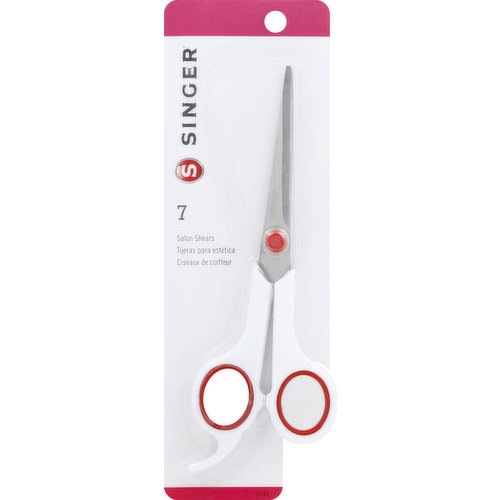 7 inch salon shears. Rubberized handles. Right- or left-hand use. Stainless steel blades. singer.com. Made in China.
