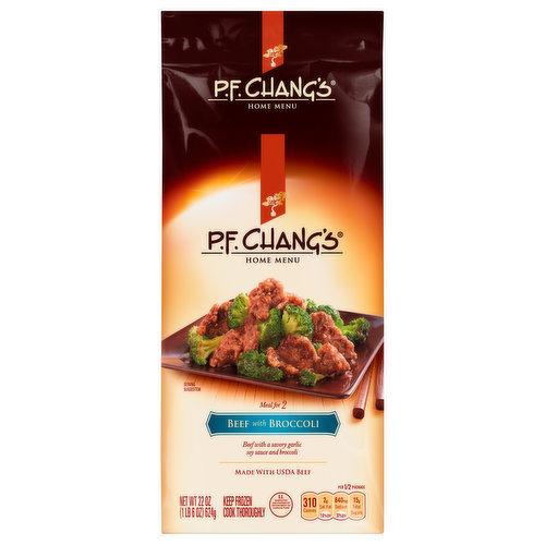 Beef with a savory garlic soy sauce and broccoli. No artificial flavors, Per 1/2 Package: 310 calories; 2 g sat fat (10% DV); 840 mg Sodium (37% DV); 15 g total sugars. Meal for 2. Made with USDA beef. Food tastes best when you keep the ingredients simple. Philip Chiang, Co-Founder of P.F. Chang's. Restaurant inspired dishes. Made with signature sauces. No preservatives. No artificial colors. US inspected and passed by Department of Agriculture. how2recycle.info. Join us on Facebook: www.facebook.com/PFChangsHomeMenu. Follow us on Pinterest: www.pinterest.com/pfchomemenu. SmartLabel: Scan for more food information. Questions or comments, visit us at www.pfchangshomemenu.com or call Mon-Fri, 1-800-298-4720 (except national holidays). Please have entire package available when you call so we may gather information off the label.