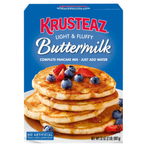 Krusteaz Buttermilk Pancake Mix is one of our most popular mixes for so many reasons: the fluffy deliciousness, that perfect touch of creamy buttermilk and our easy-to-make, just-add-water mix. These mouthwatering pancakes are great on their own or customized with your favorite toppings and mix-ins. Try Krusteaz with fresh berries and nuts. Substitute coffee for water, add nutmeg and whipped cream, and voila...Spiced Cappuccino Krusteaz Pancakes for Sunday brunch! The possibilities are endless when you open a box of Krusteaz. This order includes one, 32-ounce box.