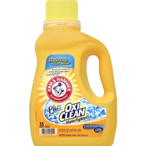 35 loads (Based on medium loads when measured as directed). Plus the power of OxiClean stain fighters. New & improved formula attacks tough stains better (vs previous formula). Cleans over 101 stains! Whiter whites, brighter brights (vs regular Arm & Hammer)! Baking soda fresh! The standard of purity. For all machines including HE. Questions? Ingredients? 1-800-617-4220 M-F 9:00 am - 5:00 pm ET or visit www.armandhammer.com. Contains no phosphates. Recyclable.