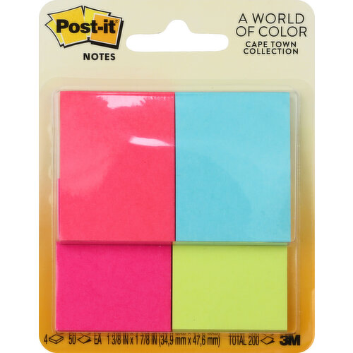 1-3/8 in x 1-7/8 in (34.9 mm x 47.6 mm). 50 each. A world of color. Cape Town Collection. Post-it Notes are Recyclable. Post-it Notes come in a variety of sizes, colors and designs to meet all your home communication and organization needs. www.Post-it.com. Made in USA.