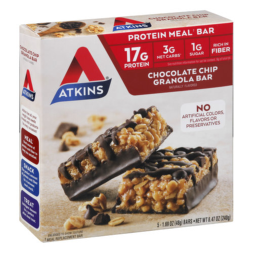Naturally flavored. No artificial colors, flavors or preservatives. 17 g protein. 3 g net carbs (Total carbs (18 g) - fiber (7 g) - glycerin (8 g) = 3 g Atkins net carbs). 1 g sugar. Rich in fiber. See nutrition information for sat fat content. 9 g of total fat. Contains a bioengineered food ingredients. Protein meal (meal replacement bar) bar. No maltitol. What is the hidden sugar effect? It's common knowledge that consuming foods with large amounts of sugar may cause your blood sugar to spike. But, did you know other types of carbohydrates may have the same effect on blood sugar? We call this the hidden sugar effect. It's why a medium size bagel has the same impact on blood sugar as eating 8 teaspoons of sugar! (Based on glycemic load). And that's just one example - many foods loaded with simple or refined carbs can have a similar impact on blood sugar. But at Atkins, we've designed all of our delicious bars, shakes, and treats to limit simple and refined carbohydrates to help minimize the hidden sugar effect. Atkins has all your weight loss needs covered with products for every occasion! Meal (Meal Replacement Bar): Good source of protein and fiber to keep you satisfied. Snack: The perfect amount of protein and fiber for a between meal snack. Treat: Indulgent dessert for a perfect after meal treat. atkins.com. Learn more about net carbs visit atkins.com. Find out more at atkins.com. Paperboard packaging. Recyclable. Sustainable Forestry Initiative: Certified sourcing. www.sfiprogram.org. Product of Canada.