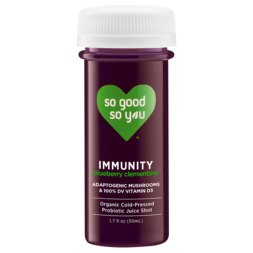 So Good So You Immunity Probiotic Juice Shot, Organic, Cold-Pressed, Blueberry Clementine