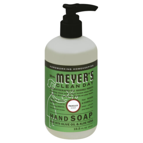 Made with olive oil & aloe vera. Hardworking Homekeeping. Aromatherapeutic household products. Creating clean and happy homes since 2001. Tough on dirt and grime. Gentle on your home. Vibrant & crisp, parsley is said to have many benefits, including an aroma that freshens & cleanses your palate - and now, your home. Nice! We make effective, trusted formulas. Made with: plant derived ingredients; natural essential oils; aloe vera extract; glycerin; olive oil. Made without: parabens & phthalates; Triclosan; MEA & DEA; formaldehyde; artificial colors. Bottles are made with at least 25% post-consumer plastic. Please recycle. Cruelty-free. MrsMeyers.com. Contents are biodegradable. Product ingredients are at least 98% naturally derived. Learn about our ingredients at MrsMeyers.com/ingredients-glossary. Made in the USA.