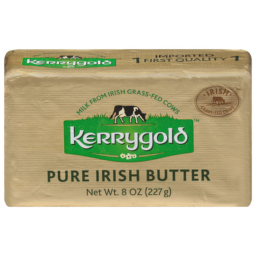 Milk from Irish grass-fed cows. Imported first quality. In Ireland, cows graze on the green pastures of small family farms. Their milk is churned to make Kerrygold Pure Irish Butter.