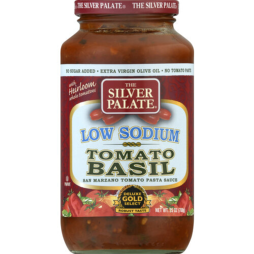 Gluten free. Low sodium. No sugar added. Extra virgin olive oil. No tomato paste. With heirloom whole tomatoes. Deluxe Gold Select- Robust taste. All natural. We moved Italy to California and look what we got - The Silver Palate Tomato. We blend imported San Marzano heirloom tomatoes with famous California rounds and extra virgin olive oil. Never tomato paste or added sugar. Elegante! Mangia! www.silverpalate.com. Visit us on Facebook and Twitter. For recipes and more visit us at www.silverpalate.com.