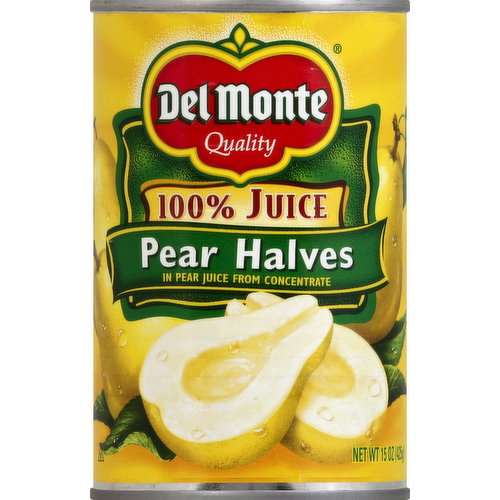In pear juice from concentrate. Quality. Picked and packed at the peak of ripeness. Packed in 100% pear juice from concentrate. No preservatives. Fat-free food. Find Great Recipes at: www.delmonte.com. Questions or comments? Call 1-800-543-3090 (Mon. - Fri.) Please provide code information from the end of can when calling or writing. Please recycle. Product of USA.