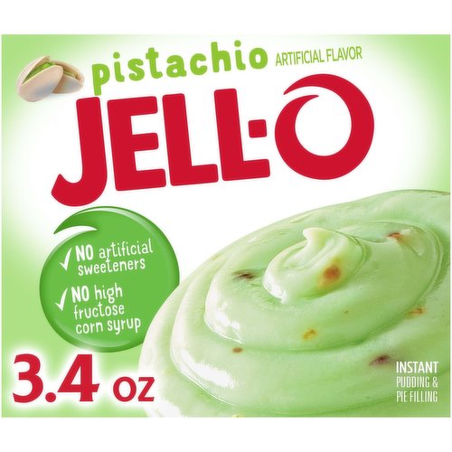 Full of nuttiness to make you smile, Jello Pistachio Instant Pudding & Pie Filling Mix tastes delicious whether you enjoy it as a treat or use it as an ingredient in your favorite dessert recipes. Fun to make with your kids, our pistachio pudding is also perfect for pie filling. You'll feel good about serving our instant pistachio Jello pudding that contains no artificial sweeteners or high fructose corn syrup. Our pistachio pudding is ready in as little as five minutes. Simply stir milk into the pistachio pudding mix and allow to set. The entire family will appreciate how quickly you can prepare a tasty pistachio flavored dessert.  Every 3.4-ounce box of Jello pistachio pudding mix comes individually packaged in a sealed pouch for freshness.