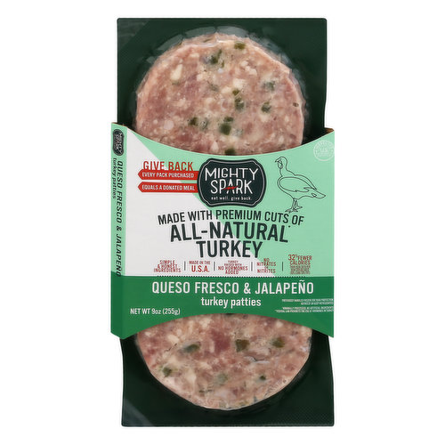 200 calories per serving for turkey compared to 308 calories per serving for beef. 35% fewer calories than USDA data for raw beef patties. No nitrates or nitrites added. Eat well. Give back. All natural (Minimally processed, no artificial ingredients except bacon) premium cuts turkey. Simple & honest ingredients. Turkey raised with no hormones added (Federal law prohibits the use of hormones in turkey). No nitrates or nitrites. Our Queso Fresco & Jalapeno Turkey Patties are lightly seasoned to perfection. Be the hero of the weeknight meal or back yard gathering. Consider us your new secret ingredient! Birds never confined to cages. Inspected for wholesomeness by US Department of Agriculture. mightysparkfood.com. Every pack purchased = a donated meal. Give back. Together, we can be the spark that makes an impact. Your purchase is a small but powerful act that provides a meal to someone in need. Visit mightysparkfood.com to learn more. Made in the USA.