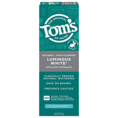 Tom's of Maine Toothpaste, Anticavity, Luminous White, Clean Mint