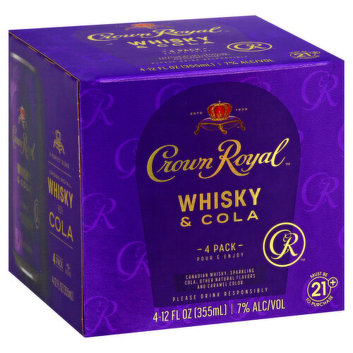 Must be 21+ to purchase. Canadian whisky, sparkling cola, other natural flavors and caramel color. Pour & enjoy. Please drink responsibly. www.drinkiq.com. www.crownroyal.com. Please recycle. 7% alc./vol. 14 Produced and canned by Crown Royal USA, Indianapolis, IN.