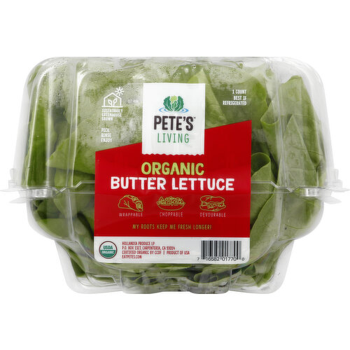 USDA Organic. Certified Organic by CCOF. Wrappable. Choppable. Devourable. My roots keep me fresh longer! Sustainably greenhouse grown. eatpetes.com. Product of USA.