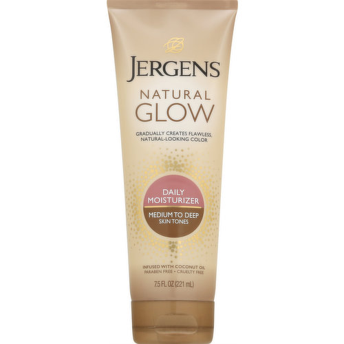 Gradually creates flawless, natural-looking color. Infused with coconut oil. Paraben free. Apply daily to gradually create your ideal color. Create your own sunshine with Jergens Natural Glow Moisturizers. A revitalizing formula with a blend of antioxidants and Vitamin E, Jergens Natural Glow Daily Moisturizer gradually creates and maintains nourished, sun-kissed color for beautiful, glowing skin. Our breakthrough formula, with patented technology, delivers flawless award-winning color and a streak-free. hassle-free application experience. Dermatologist tested. www.jergens.com. how2recycle.info. Questions or comments? Jergens skincare experts are always at your fingertips: www.jergens.com or call 1-800-742-8798 (USA). Cruelty free. Made in USA of US & Imported ingredients.