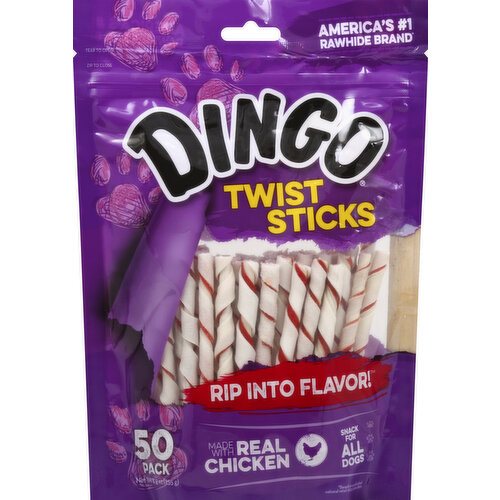 America's no. 1 rawhide brand (Based on syndicated national retail 2015 sales data). Rip into flavor! Snack for all dogs. Dogs love the taste of Dingo Twist Sticks made with real chicken wrapped in premium rawhide. Dingo Twist Sticks offer the same great taste as other Dingo Chews, but in a fun and playful shape. Dingo Twist Sticks give your dog a fun and delicious treat that's bursting with flavor. Irresistible combination of real chicken wrapped with premium rawhide. Healthy, fun chew to promote clean teeth from the natural action of chewing. Harvard Medical School study confirms rawhide is fully digestible (As published in the JAVMA, Vol 197, July 15, 1990; Lage, A. et al). Treated by irradiation. Made with real chicken. Great source of protein. Calorie Content (Calculated): 2,920 ME kcal/kg (17 ME kcal/treat). 100% satisfaction guaranteed or your money back. If you are not satisfied with this product for any reason, send your written request for a refund to the address below, together with the original dated store receipt showing the price you paid. Please allow 6-8 weeks for processing. www.DINGObrand.com. Made in Cambodia.
