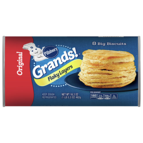Make family meals grand with the home-baked goodness of Pillsbury Grands! Flaky Layers Biscuits. Kids and adults alike love to pull apart the flaky layers of their warm Grands! biscuits. A great alternative to scratch baking, Grands! refrigerated biscuit dough is ready-to-bake. In just minutes, the air will be filled with the delicious aroma of freshly baked biscuits for you to serve with butter, jam, gravy or more. Imagine the memories you’ll make.

These biscuits will give you time back in your day to focus on what matters by helping with grocery lists and post-baking kitchen cleanup. Simply preheat the oven to 350° F (or 325° F for a nonstick cookie sheet), place refrigerated biscuit dough 1 to 2 inches apart on ungreased cookie sheet and bake 13-16 minutes or until golden brown. In just a few simple steps, you'll have delicious biscuits without all the fuss!