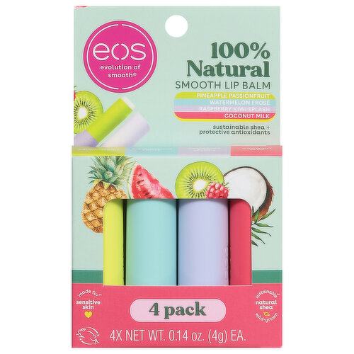 EOS Lip Balm, 100% Natural, Smooth, Pineapple Passionfruit/Watermelon Frose/Raspberry Kiwi Splash/Coconut Milk, 4 Pack