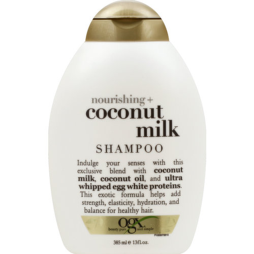 Indulge your senses with this exclusive blend with coconut mills, coconut oil, and ultra whipped egg white proteins. This exotic formula helps add strength, elasticity, hydration, and balance for healthy hair. OGX: Beauty pure and simple. Sulfate free surfactants. Hair care system (Includes shampoo and conditioner). Why We Love it: It's like a trip to the tropics in a bottle. The luxuriously creamy, foaming, hydrating formula leaves your hair feeling clean, glowing, softly scented and super soft. Our bottles are eco-friendly, manufactured with materials containing recycled post-consumer resin. Earth friendly environmental packaging. Not tested on animals. Questions? ogxbeauty.com. Reduce, reuse, recycle. Made in USA.