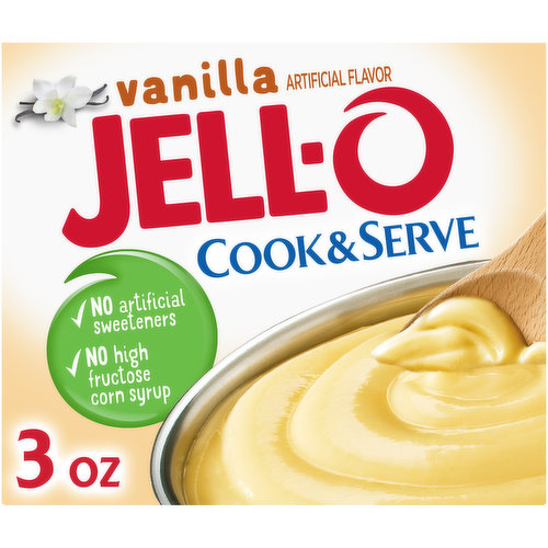 Jell-O Cook and Serve Vanilla Pudding is an easy to make dessert. Perfect for any occasion that requires a quick and delicious dessert, this pudding delivers the classic sweet flavor and creamy texture you know and love. Vanilla pudding with no high fructose corn syrup and no artificial sweeteners is a dessert you can feel good about. Enjoy this tasty vanilla dessert on its own, or try using it as a rich, delicious crepe filling or to top vanilla cupcakes. This 3 ounce vanilla pudding mix makes four 1/2-cup servings so you can make it for the whole family or save some for the next time you're craving a mouthwatering pudding dessert.