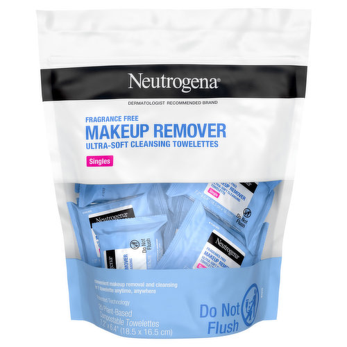 Remove makeup in one easy step with Neutrogena Fragrance-Free Makeup Remover Cleansing Towelette Singles. These individually-wrapped soft and gentle pre-moistened facial cleansing wipes effectively dissolve all traces of dirt, oil and makeup--even stubborn waterproof mascara--for fresh, clean-looking skin every day. Our makeup remover wipes feature an effective formula that leaves skin thoroughly clean with no heavy residue, so there's no need to rinse. Designed to also remove eye makeup, these daily face wipes are formulated to be gentle on the sensitive eye area and are suitable for contact lens wearers. Perfect for travel, work, the gym, and on-the-go for complete makeup removal or instant refreshing. Neutrogena Cleansing Towelettes are fragrance-free, oil-free and alcohol-free, and are also ophthalmologist-, dermatologist-, and hypoallergenic.