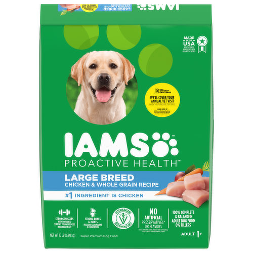 Calorie Content (Calculated): 3549 kcal ME/kg; 353 kcal ME/cup. Iams Proactive Health Large Breed Chicken & Whole Grain Recipe Adult Dog Food is formulated to meet the nutritional levels established by the AAFCO Dog Food Nutrient Profiles for Maintenance.