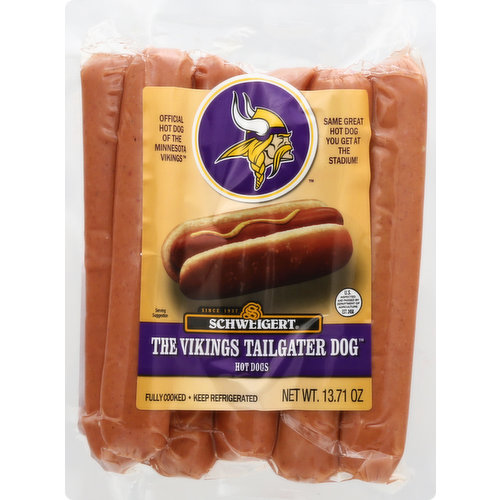 The vikings tailgater dog. Official Hotdog of the Minnesota Vikings. Same great hotdog you get at the stadium! The Vikings tailgater dog. Since 1937. Fully cooked. The Vikings tailgater dog has been a local fan favorite since the 60's when Schweigert hot dogs were first served in metropolitan stadium. Now these tasty, pork and beef hot dogs are back once again, as the official hot dog of the Minnesota Vikings. So enjoy a traditional taste of the old days, today. U.S. inspected and passed by Department of Agriculture.